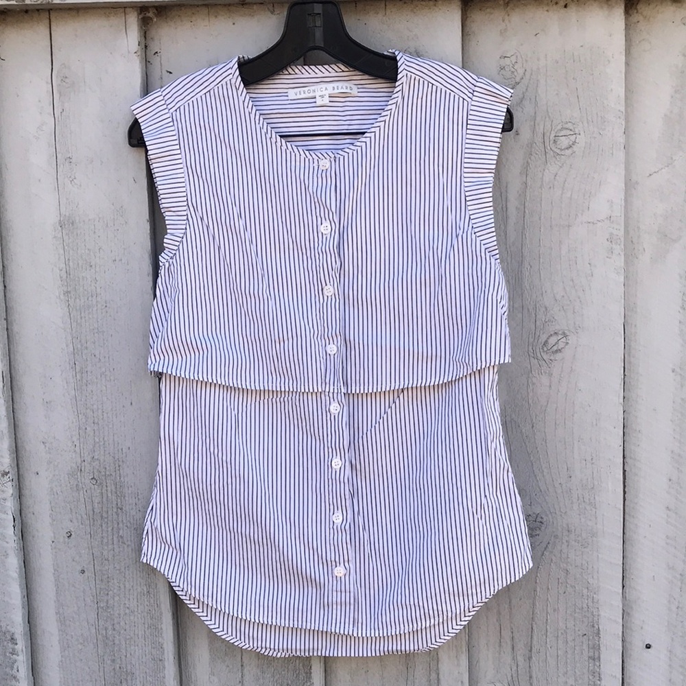 Veronica Beard Navy and White Striped Sleeveless Button-Front Top- size 4